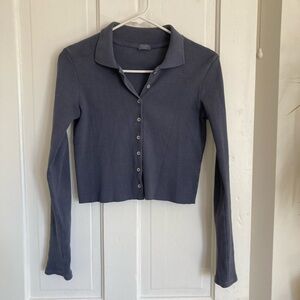 Brandy Melville Cropped Collared Long-Sleeve Button-Down Knit Shirt Cardigan